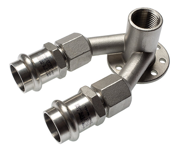 NiroSan Doppelwandscheibe für Schleifeninstallation, mit Pressanschlüssen und Innengewinde 22x1/2x18 mm