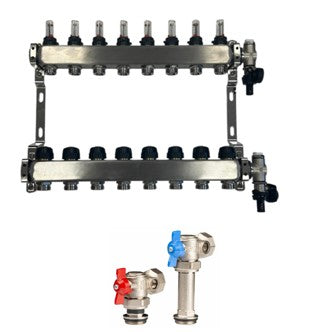 Edelstahl Heizkreisverteiler Fußbodenheizung 8 Heizkreise inkl Kugelhahnset Eck Anschluss Lang