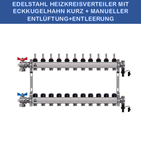 Stainless steel heating circuit manifold - 11-way - for underfloor heating - with ball valve set - corner - short