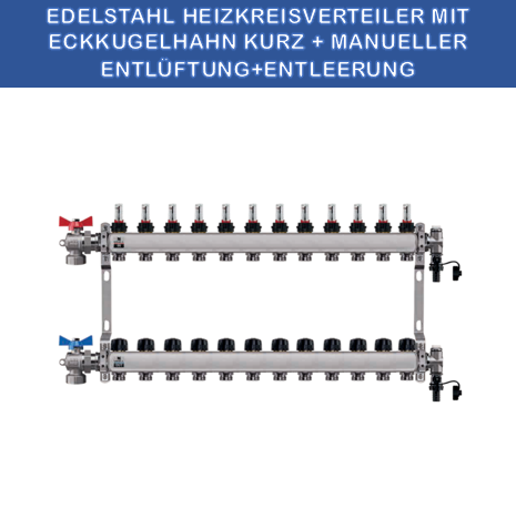 Stainless steel heating circuit manifold - 12-way - for underfloor heating - with ball valve set - corner - short