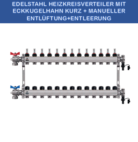 Stainless steel heating circuit manifold - 13-way - for underfloor heating - with ball valve set - corner - short