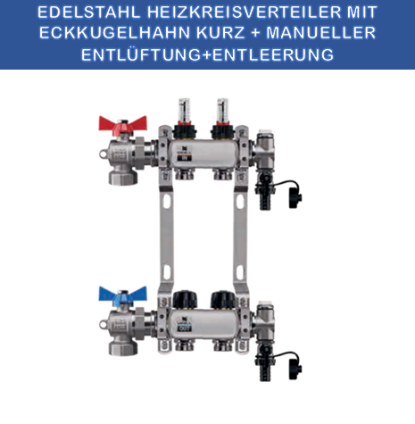 Stainless steel heating circuit manifold - 2-way - underfloor heating - with ball valve set - corner - short
