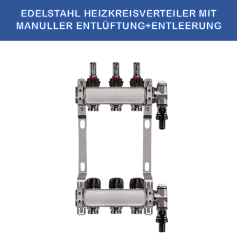 Stainless steel heating circuit manifold - 3 heating circuits - with drain valve and vent - 1 inch