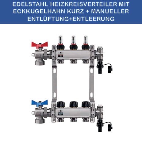 Stainless steel heating circuit manifold - 3-way - underfloor heating - with ball valve set - corner - short