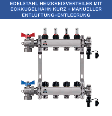 Stainless steel heating circuit manifold - 4-way - underfloor heating - with ball valve set - corner - short