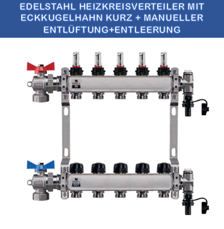 Stainless steel heating circuit manifold - 5-way - underfloor heating - with ball valve set - corner - short