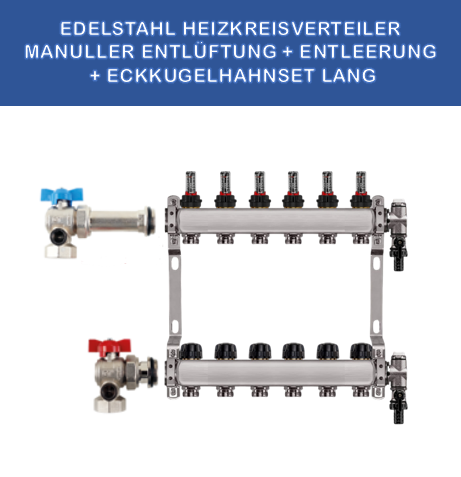 Stainless steel heating manifold, 6 circuits, manual venting, KGH set, corner, long