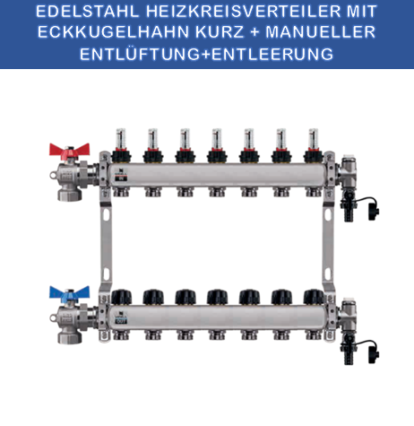 Stainless steel heating circuit manifold - 7-way - underfloor heating - with ball valve set - corner - short