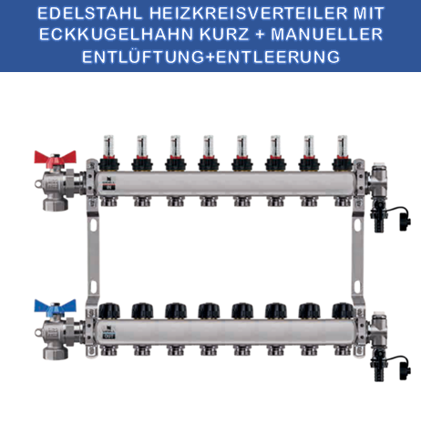 Stainless steel heating circuit manifold - 8-way - underfloor heating - with ball valve set - corner - short