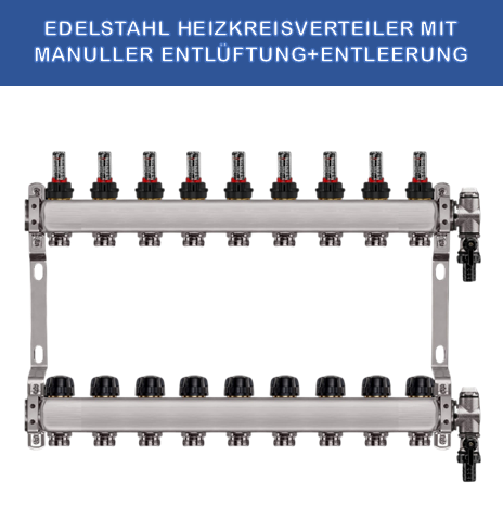Stainless steel heating circuit manifold - 9-way - underfloor heating - 1-inch connection - with brackets
