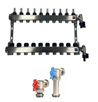 Edelstahl Heizkreisverteiler Fußbodenheizung 12 Heizkreise inkl Kugelhahnset Eck Anschluss Lang