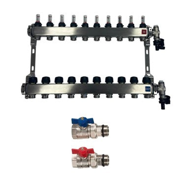 Paslanmaz çelik ısıtma devresi dağıtıcısı yerden ısıtma 10 ısıtma devresi küresel vana seti düz bağlantı dahil