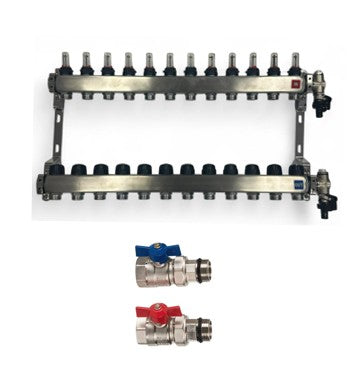 Paslanmaz çelik ısıtma devresi dağıtıcısı yerden ısıtma 12 ısıtma devresi küresel vana seti düz bağlantı dahil