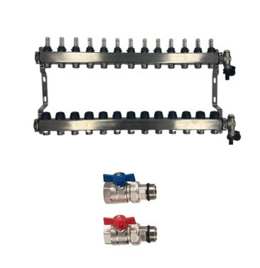 Edelstahl Heizkreisverteiler Fußbodenheizung 13 Heizkreise inkl Kugelhahnset gerade Anschluss