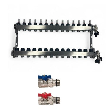 Edelstahl Heizkreisverteiler Fußbodenheizung 14 Heizkreise inkl Kugelhahnset gerade Anschluss