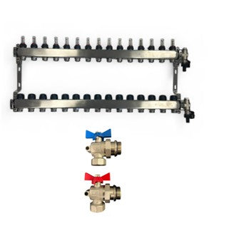 Edelstahl Heizkreisverteiler Fußbodenheizung 15 Heizkreise inkl Kugelhahnset Eck Anschluss Kurz