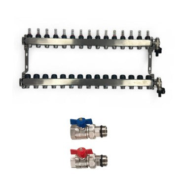 Edelstahl Heizkreisverteiler Fußbodenheizung 15 Heizkreise inkl Kugelhahnset gerade Anschluss