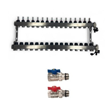 Edelstahl Heizkreisverteiler Fußbodenheizung 16 Heizkreise inkl Kugelhahnset gerade Anschluss