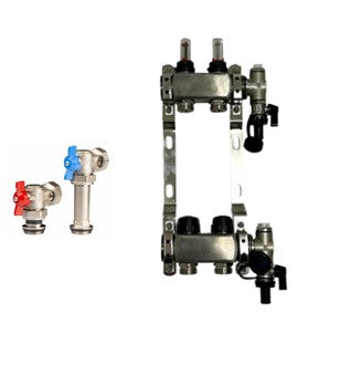 Edelstahl Heizkreisverteiler Fußbodenheizung 2 Heizkreise inkl Kugelhahnset Eck Anschluss Lang