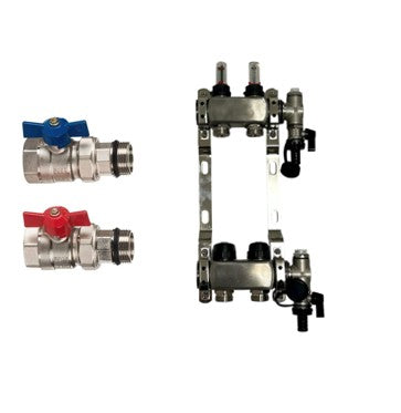 Paslanmaz çelik ısıtma devresi dağıtıcısı yerden ısıtma 2 ısıtma devresi küresel vana seti düz bağlantı dahil