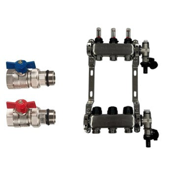 Distribuitor de circuit de încălzire din oțel inoxidabil încălzire prin pardoseală 3 circuite de încălzire, inclusiv robinet cu bilă, conexiune dreaptă