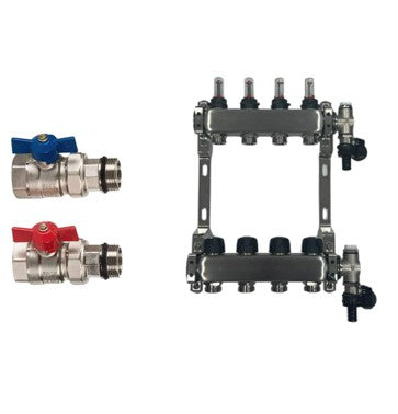Paslanmaz çelik ısıtma devresi dağıtıcısı yerden ısıtma 4 ısıtma devresi küresel vana seti düz bağlantı dahil