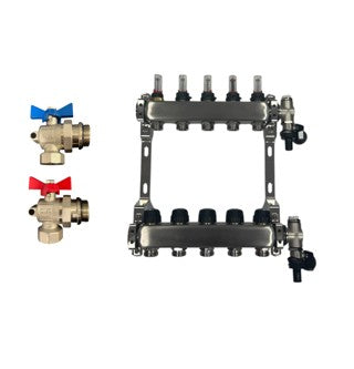 Edelstahl Heizkreisverteiler Fußbodenheizung 5 Heizkreise inkl Kugelhahnset Eck Anschluss Kurz