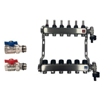 Distribuitor de circuit de încălzire din oțel inoxidabil încălzire prin pardoseală 6 circuite de încălzire, inclusiv robinet cu bilă, conexiune dreaptă