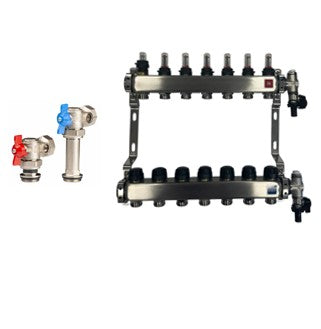 Edelstahl Heizkreisverteiler Fußbodenheizung 7 Heizkreise inkl Kugelhahnset Eck Anschluss Lang