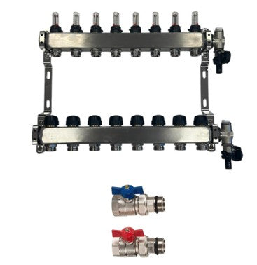 Distribuitor de circuit de încălzire din oțel inoxidabil încălzire prin pardoseală 8 circuite de încălzire, inclusiv robinet cu bilă, conexiune dreaptă