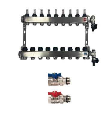 Distribuitor de circuit de încălzire din oțel inoxidabil încălzire prin pardoseală 9 circuite de încălzire, inclusiv robinet cu bilă, conexiune dreaptă