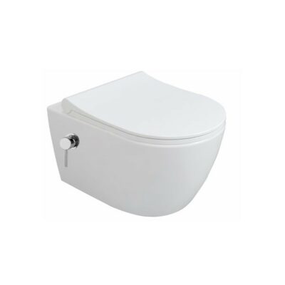 Dusch WC Spülrandloses Design Hänge WC mit Taharet/Bidet-Funktion und integrierter Kaltwasserarmatur Weiß inkl. Sitzdeckel – Modell: RONDO