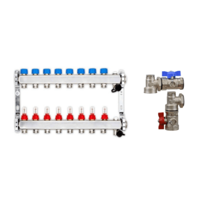 Edelstahl Heizkreisverteiler für Fußbodenheizung 7 Heizkreise inklusive Kugelhahnset